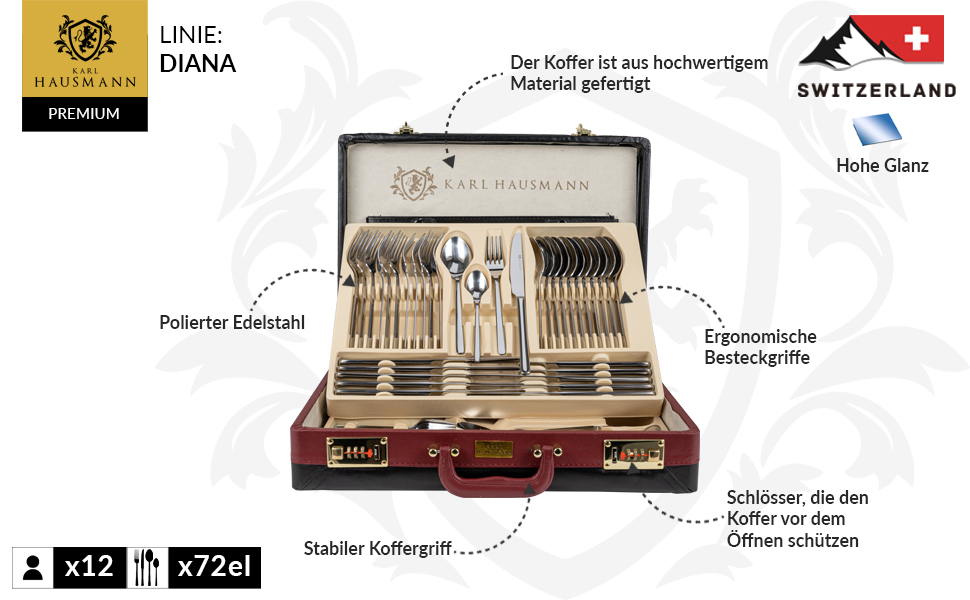 Набір столових приборів з нержавіючої сталі на 12 осіб з валізою, можна мити в посудомийній машині, 72 шт.