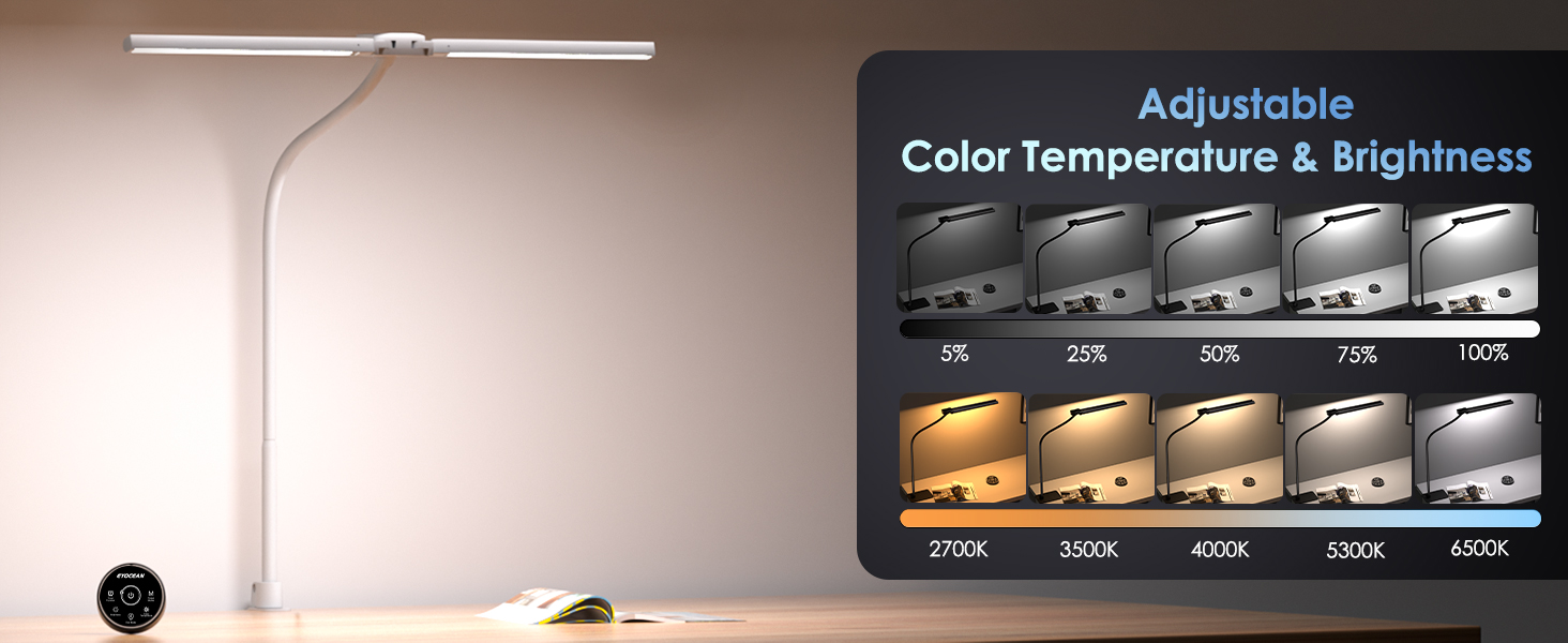 Світлодіодна лампа настільна для дітей з двома головками, захист очей, 16W, 72см, денне світло, з пультом, регулювання яскравості, гнушкий шийний механізм, матовий білий колір