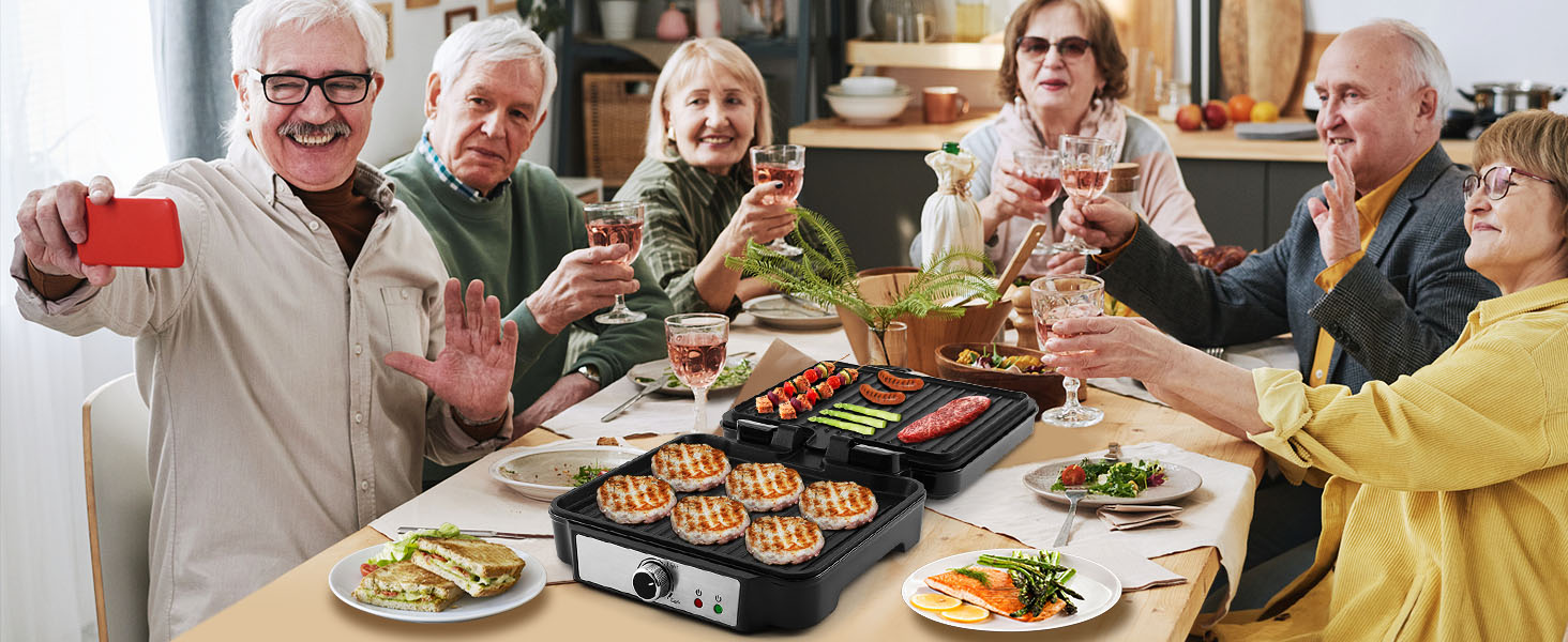 Контактний гриль YASHE, 4 пластини для сендвічів, антипригарне покриття, 1800W, регулювання температури, індикатор, відкривання 180°, знімна підставка для збору жиру, чорний