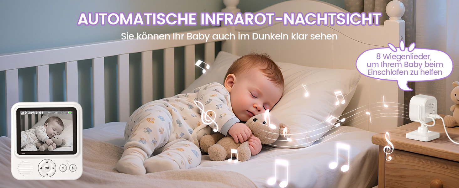 Радіоняня з камерою OBVHNUA 720P IPS: відеоняня без Wi-Fi, акумулятор 2000mAh, нічна зйомка, датчик температури, двосторонній зв'язок, колискові, режим VOX, екран 2.8