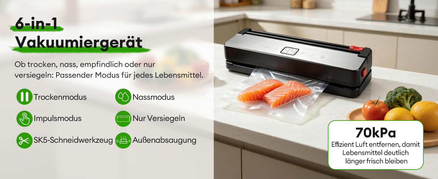 Вакууматор для продуктів 6-в-1 з функцією пульсації та вбудованим різаком, чорний