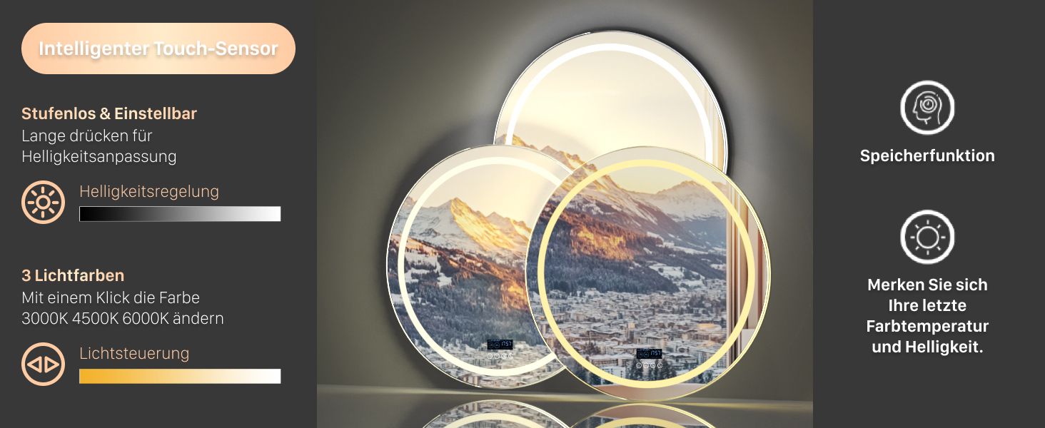 Дзеркало для ванної кімнати LUVODI круглої форми з підсвічуванням: LED дзеркало 60 см з фоновою та фронтальною підсвіткою, 3 кольори, регулювання яскравості, сенсорне управління, антизапар, енергозбереження, для ванної кімнати, гостьового туалету (Bluetooth, підсвічування, 80x80 см)