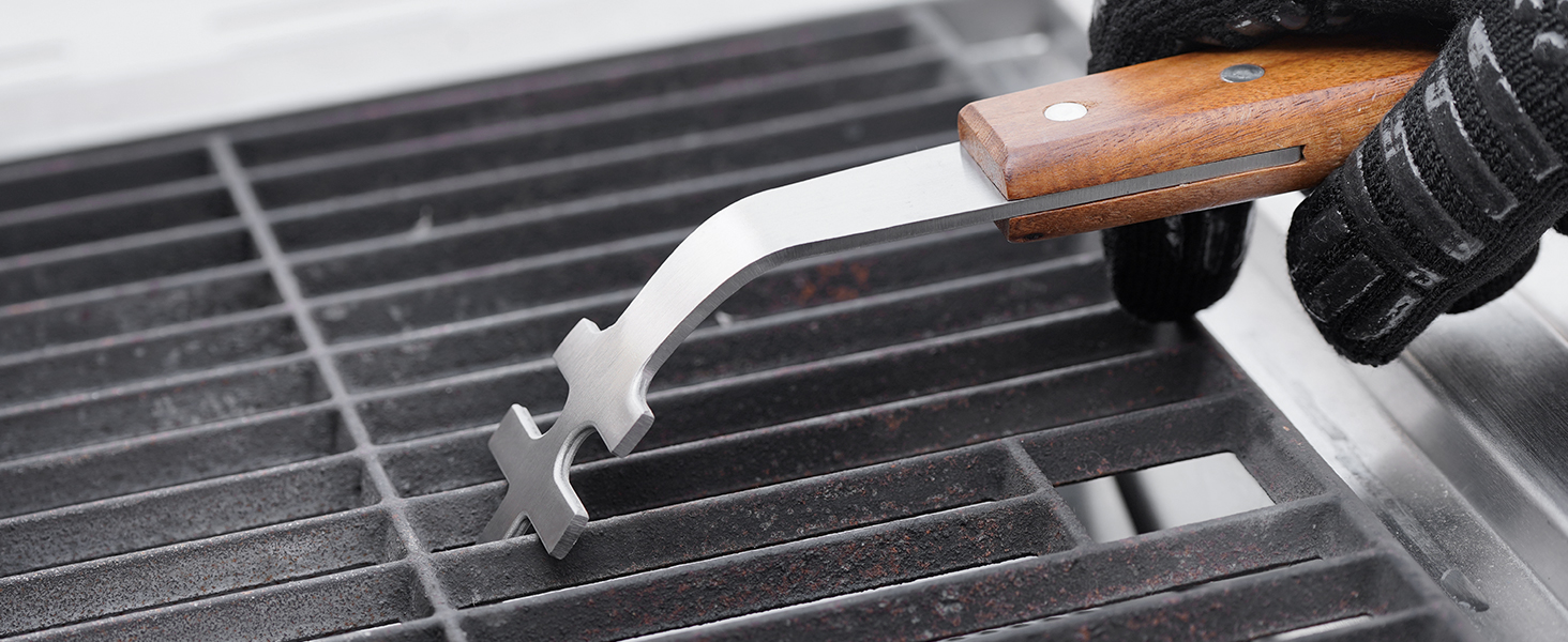 Набір гриль-посуду Onlyfire 4-в-1: щипці, лопатка, виделка, щітка з нержавіючої сталі та акації, з ручками та петлями для підвішування