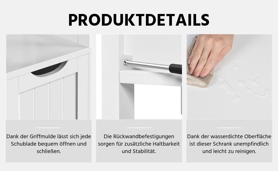 Шафа у ванну кімнату Yaheetech з 3 висувними ящиками та 2 відкритими полицями, 30 x 30 x 142 см, біла