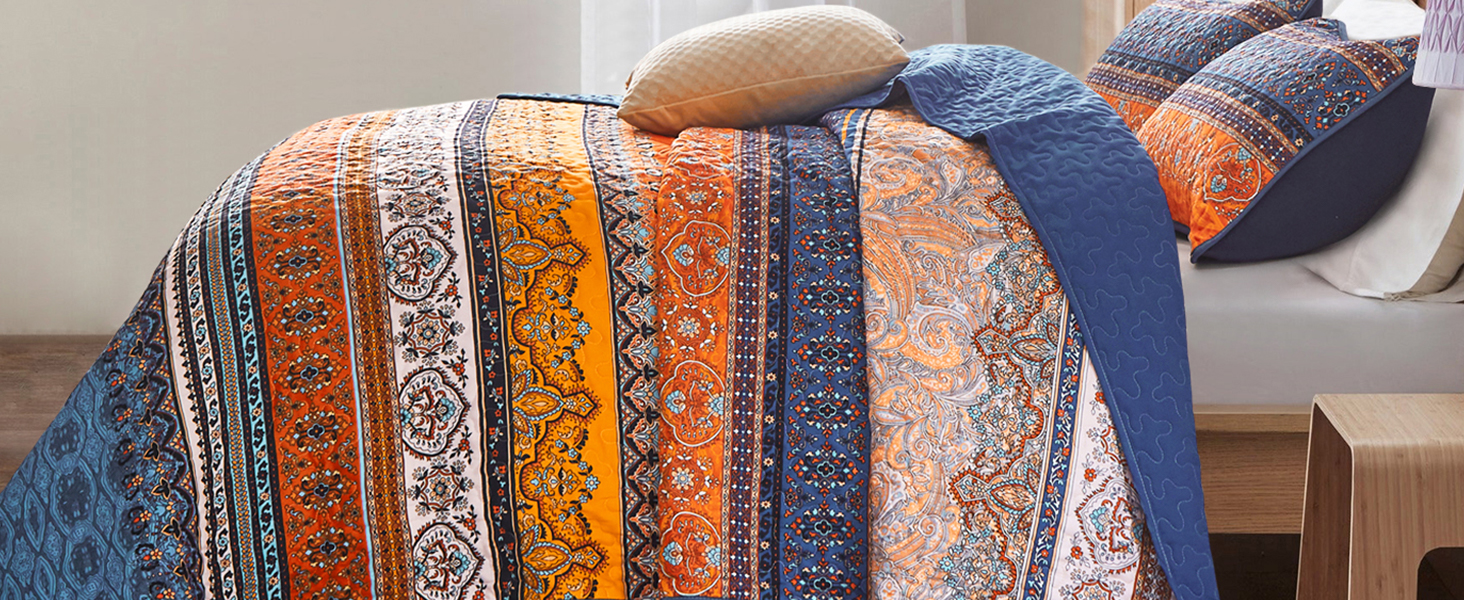 Постільна покривало WONGS BEDDING в стилі Бохо 220x240 см, 3-предметний комплект з 2 наволочками 50x70 см, стібана ковдра з мікрофібри для двоспального ліжка та дивана
