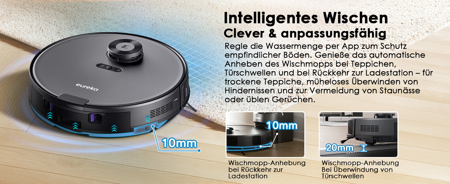 Робот-пилосос EUREKA E10s 2.Gen з вологою ганчіркою + станція самоочищення (4000Pa, LiDAR, автопідйом мопа, розпізнавання килима, керування через додаток/голос), чорний