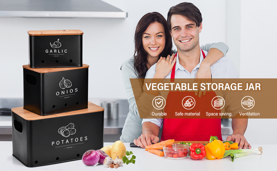 Набір контейнерів для зберігання картоплі, цибулі та часнику (3 шт.), бамбуковий кришка, чорний колір