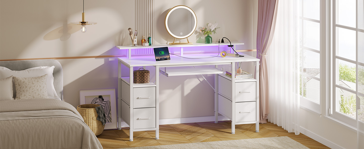 Стіл Rolanstar з шухлядами, 120x47 см, ігровий стіл з розеткою, LED-підсвітка та підставка для монітора, стіл для комп'ютера з підставкою для клавіатури, білий