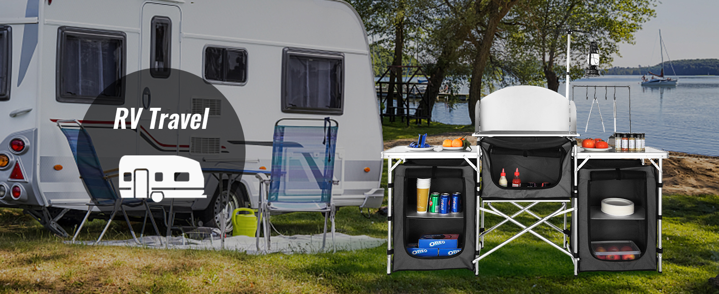 VEVOR Стіл для кемпінгу, розкладний туристичний стіл з місткою сумкою, алюмінієва кухонна станція з 3 шафками та знімним вітрозахистом, швидкий монтаж для пікніків та відпочинку на природі, чорний колір