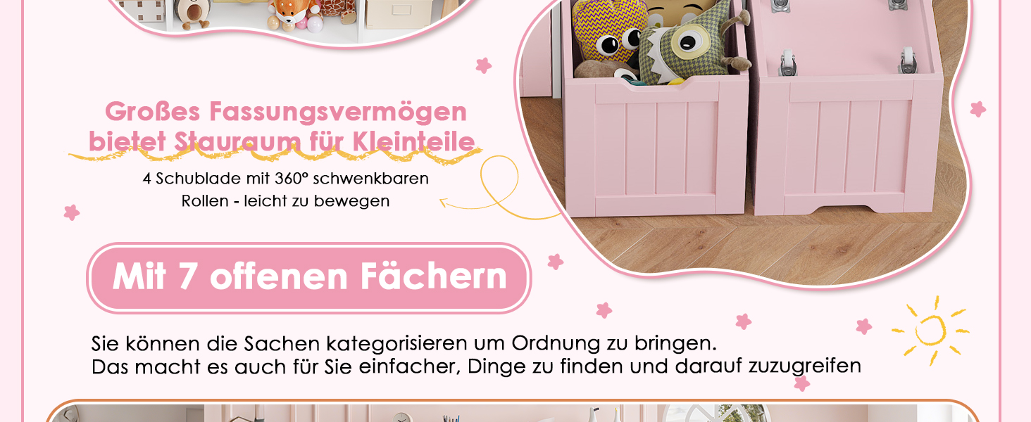 Дитяча полиця FOREHILL з коробками на колесах, 4 яруси, меблі для дитячої кімнати, іграшковий та книжковий стеллаж, рожевий, 125.5x33x118 см