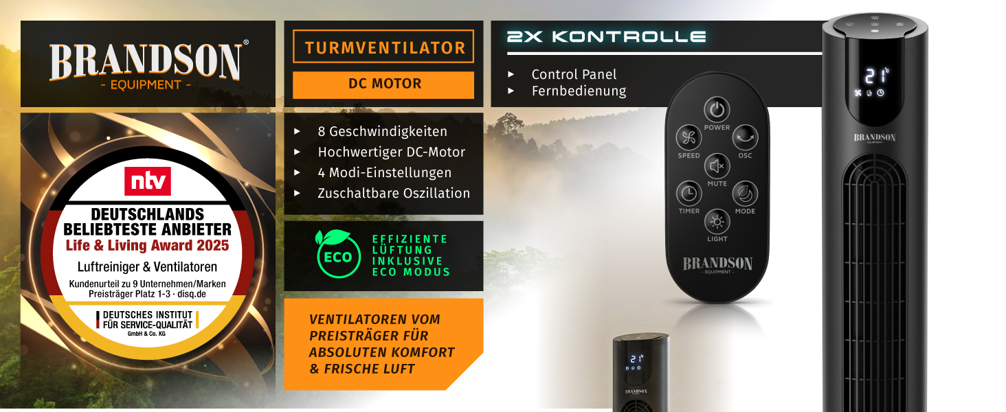 Вентилятор Tower Brandson з Еко DC мотором, 8 швидкостей, таймер, дистанційне керування, енергозберігаючий, преміум-якість