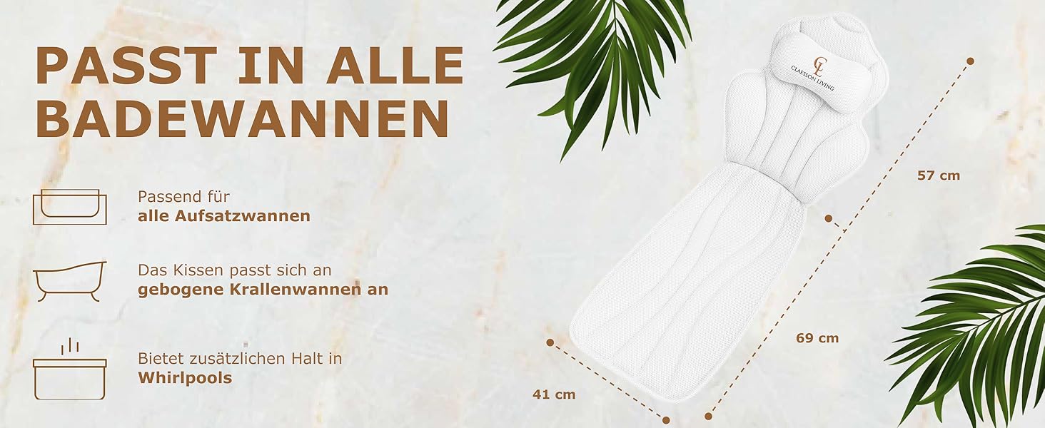 Подушка для ванни повне тіло (152x56 см) з підголівником (11 см) - біла. Підтримка шиї, спини та ніг. З сумкою для прання та подорожей, гачком для сушіння.