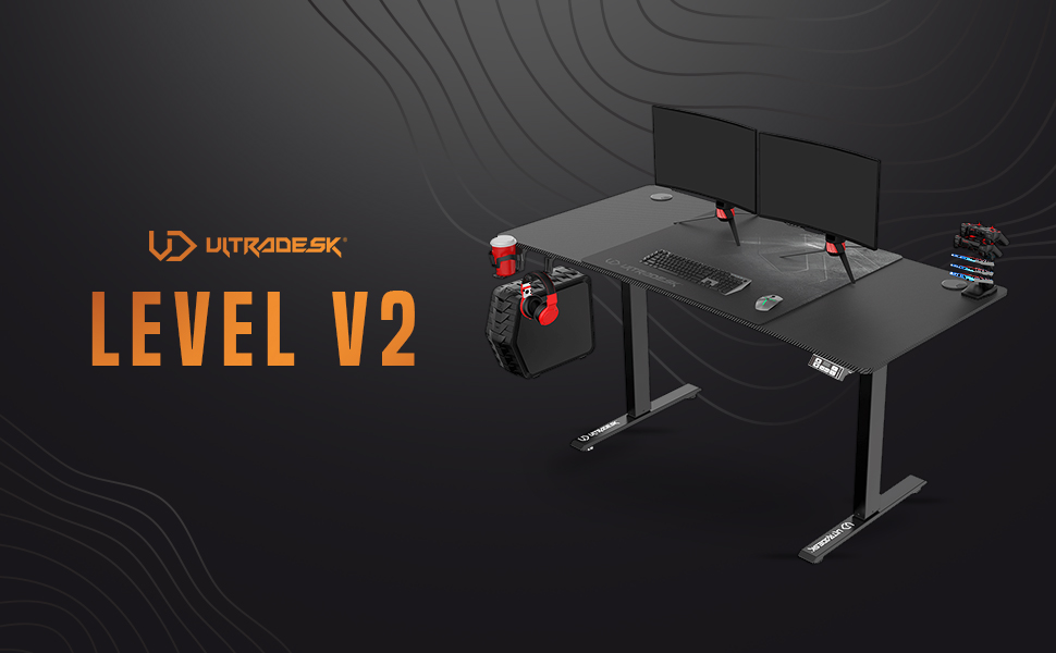 Ігровий стіл ULTRADESK Level V2 LED RGB з електричним регулюванням висоти Внутрішня пам'ять на 2 налаштування Подовжувач, килимок для миші розміру XXL Сталева рама, червона накладка, 140x68 см