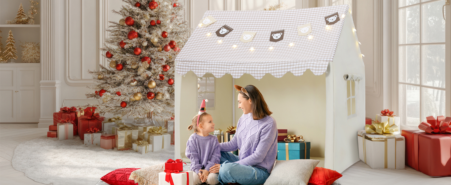 Дитячий намет Mamizо з килимком, прапорцями та світлом, зручний та дихаючий. Ігровий будиночок для дітей, намет для хлопчиків та дівчаток, 125x90x123 см, бежевий колір.