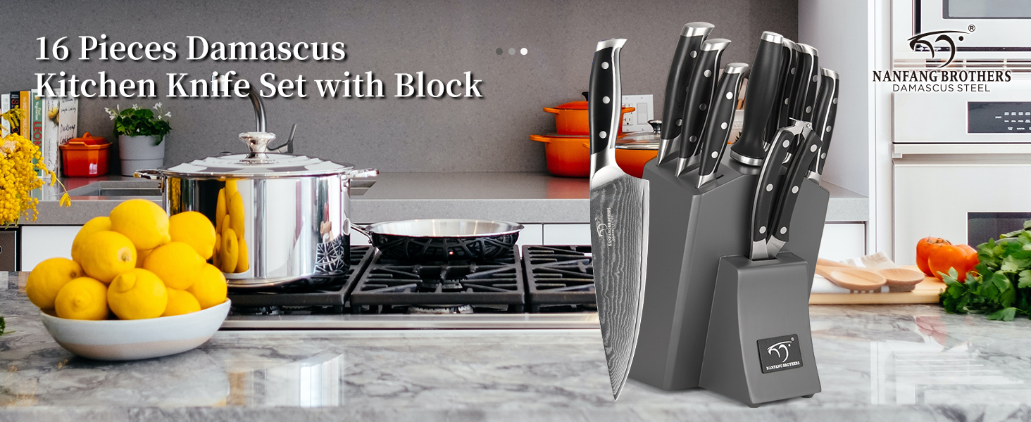 Набір кухонних ножів NANFANG BROTHERS 9 предметів з дамаської сталі, з дерев'яним блоком, нержавіюча сталь, сірий