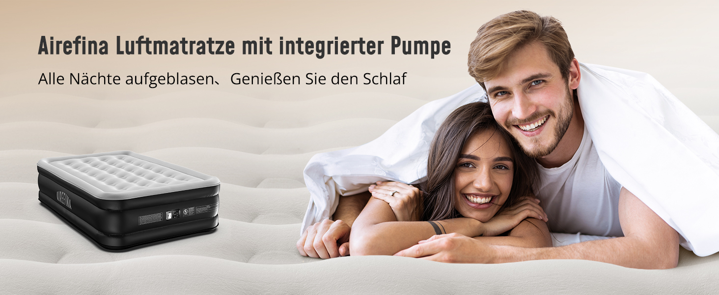 Надувне ліжко Airefina з самонадувною функцією та вбудованим насосом. Розмір 203x152x46 см (подвійне). Для кемпінгу та дому. Міцне гостьове ліжко.