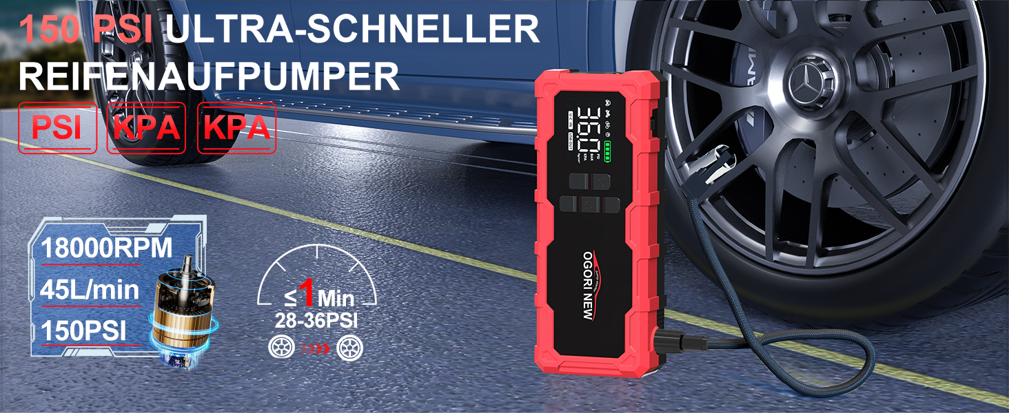 Powerbank для автомобіля з компресором Starthilfe 6000A, LED-ліхтарик, 12V, для 8L бензину/10L дизеля