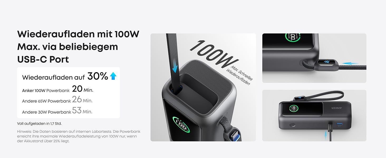 Powerbank Anker 25000mAh з 3 USB-C портами 100W, вбудований кабель, для iPhone, MacBook, Samsung та інших пристроїв (Срібний)