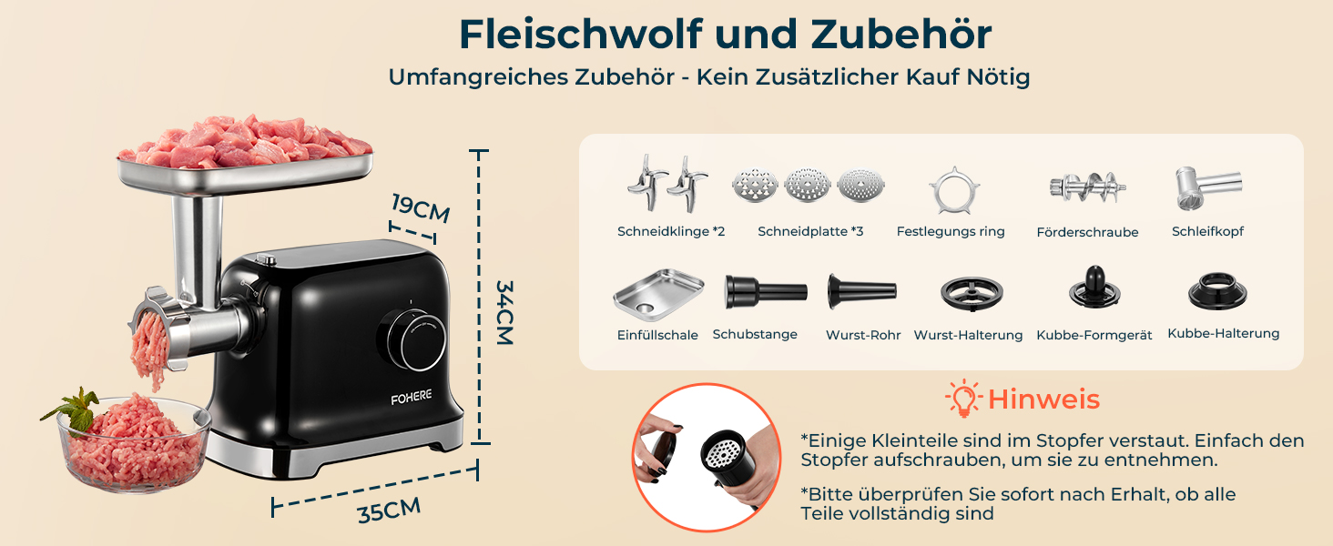 М'ясорубка електрична Fohere 2000 Вт з насадками для ковбас та кубів, 3 диски (3/5/7 мм), чорна