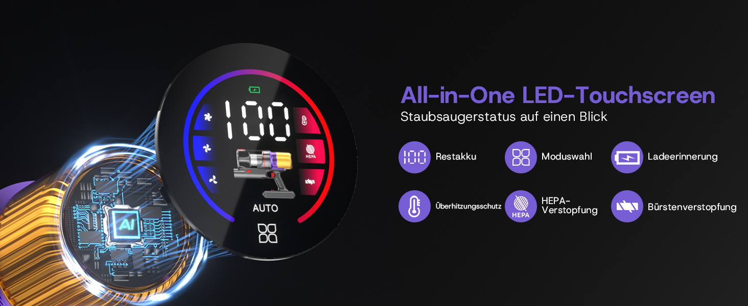 Акумуляторний пилосос V16 600W 55Kpa 80хв з LED-дисплеєм для килимів, шерсті тварин та твердих підлог