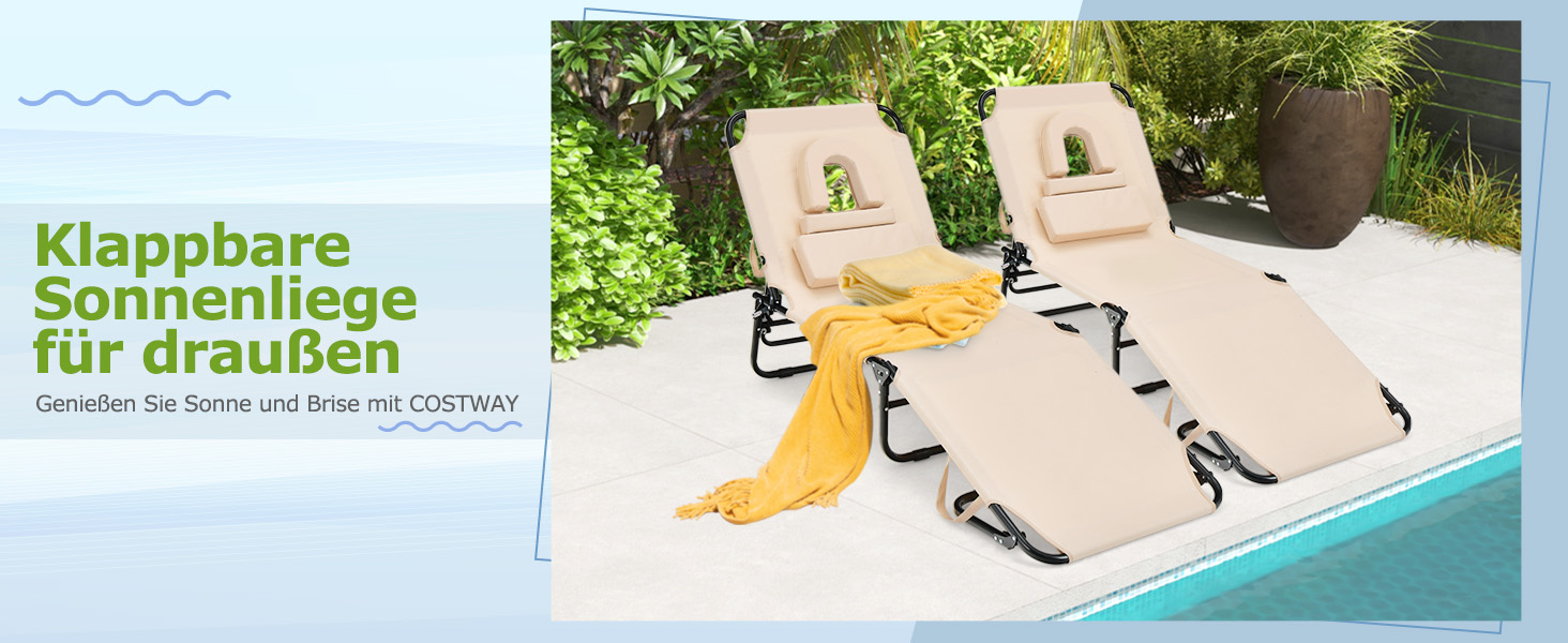 Лежак для відпочинку Costway з отвором для обличчя, розкладний, з 3 знімними подушками та регульованою спинкою, для саду та басейну (Чорний)