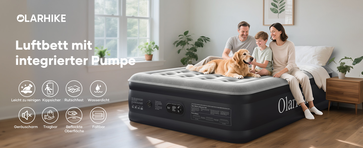 Надувний матрац OlarHike для кемпінгу та дому (2 особи) - 203x152x46 см, чорний