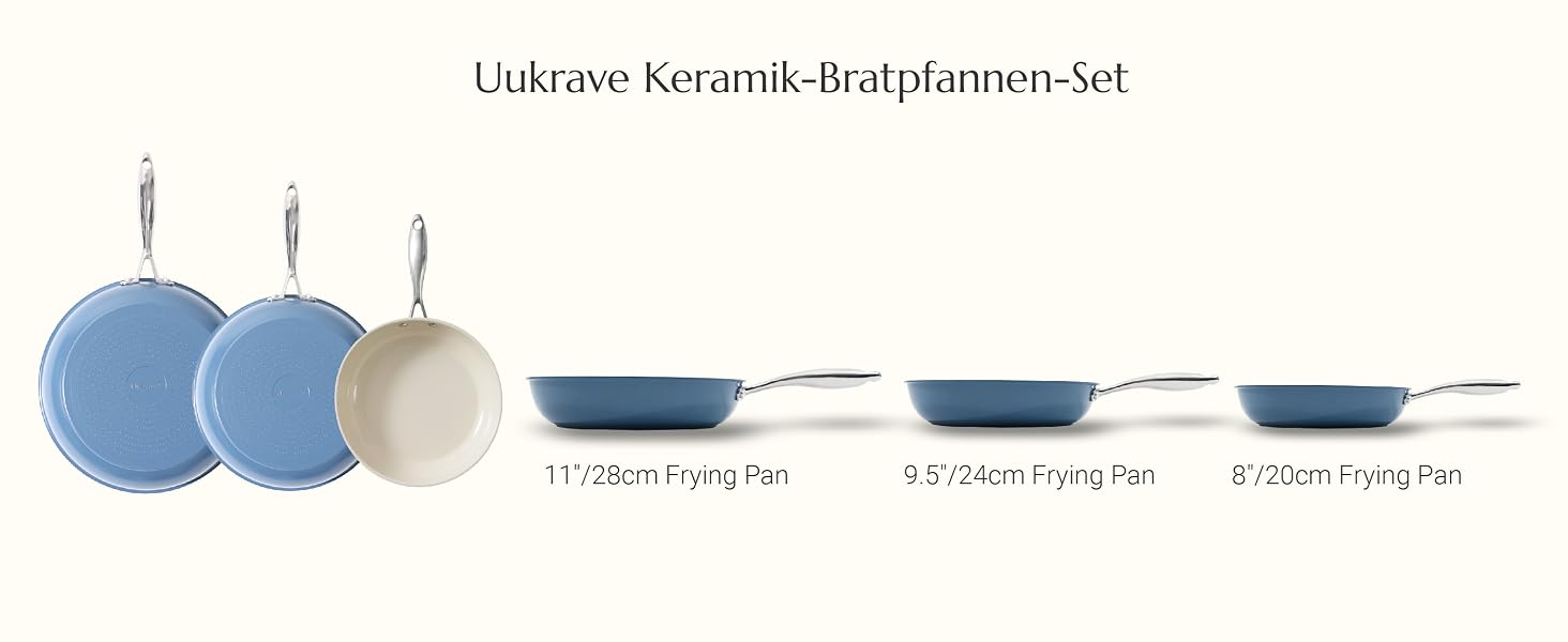 Набір керамічних сковорідок Uukrave без тефлону (PTFE/PFOA), індукційні, 20/24/28 см, підходять для всіх типів плит, посудомийних машин та духовок, синій колір