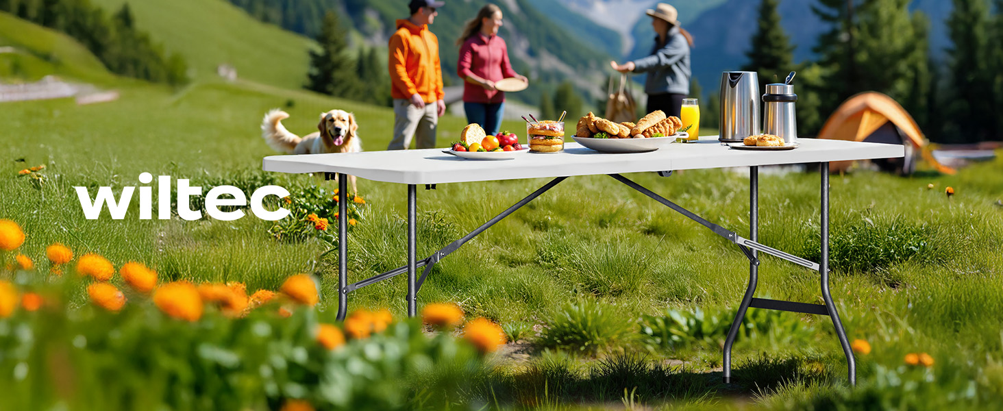 Складаний кемпінговий стіл Wiltec 122x60x75 см, стіл для пікніка, саду та виїзних заходів з ручкою для перенесення