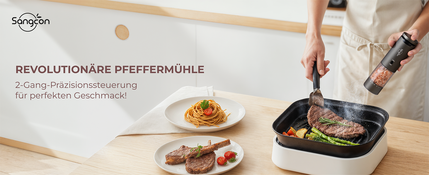 Електричні млини для солі та перцю Sangcon, 2 швидкості, акумуляторні, 6 ступенів помолу, автоматичний набір з базою, для однієї руки (сірий)