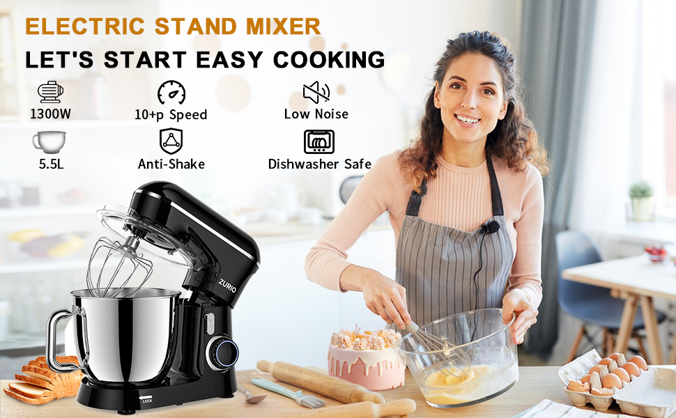 Кухонна машина Zurio 5.5L: потужний міксер-планетарний з 10 швидкостями, 1300W, з набором аксесуарів (крюк для тіста, вінчик)