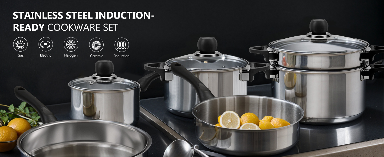 Набір каструль 6 шт. з нержавіючої сталі для індукційних плит, Cookware Set, з кришкою та захистом від опіків, сумісний з усіма типами плит, не має покриття, придатний для миття в посудомийній машині