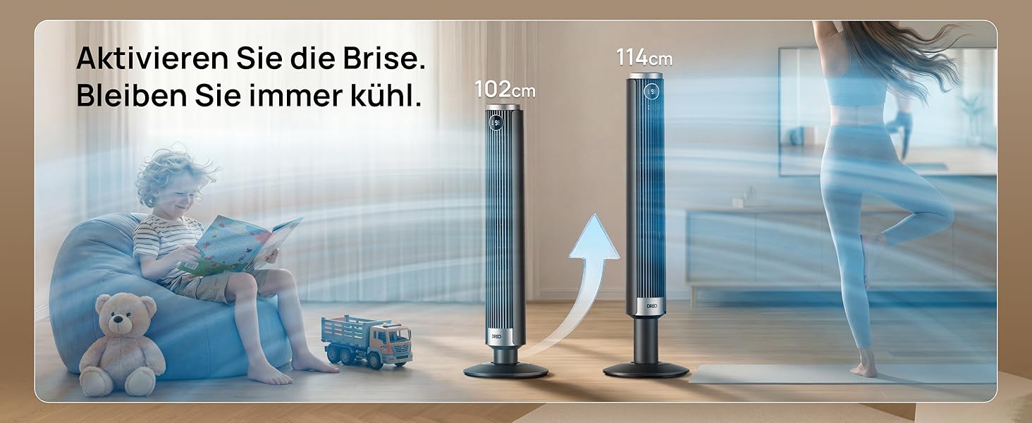 DREO Smart Tower Fan 102-114 см - Вежний вентилятор з пультом, 9 режимів, 4 режими, 90° осциляція, 12 год таймер, DC мотор, надтихий (20 дБ), для дому та офісу, чорний