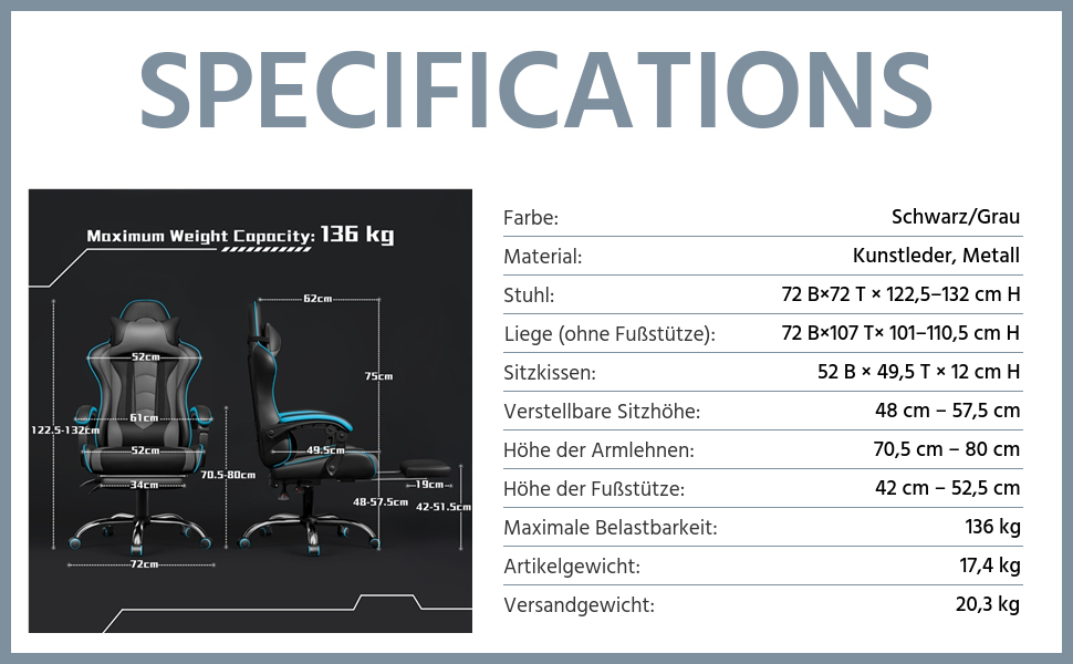 Ігровий крісло Yaheetech з масажем, регульованою спинкою 90-135°, з підніжкою. Білий (Чорний/Сірий)