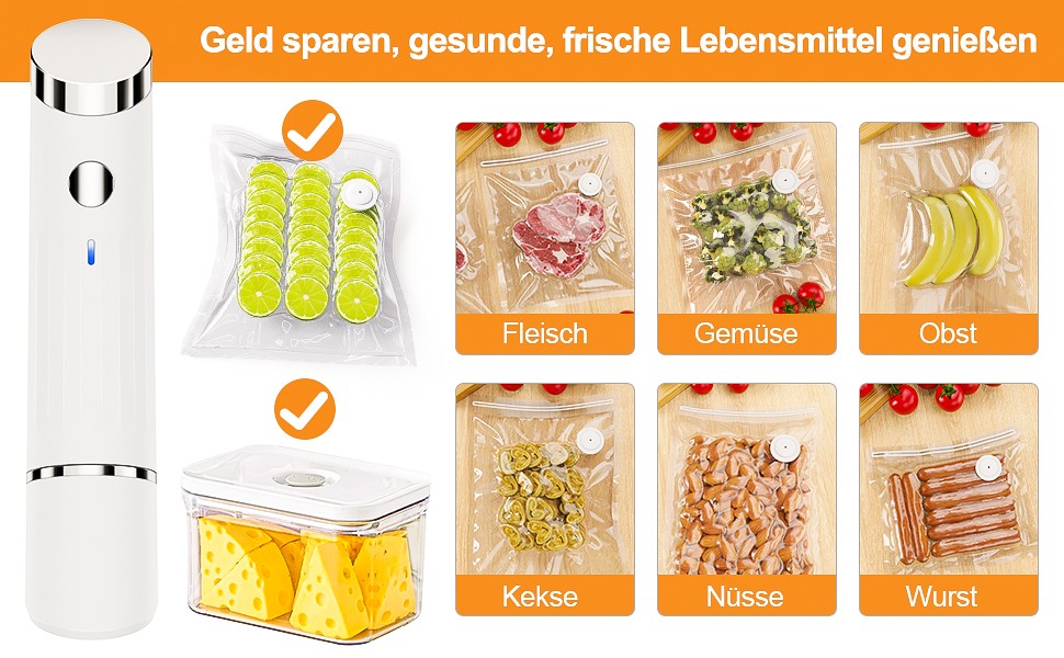 Вакууматор для продуктів харчування, компактний вакуумний пакувальник для безперервного використання з набором з 30 вакуумних пакетів