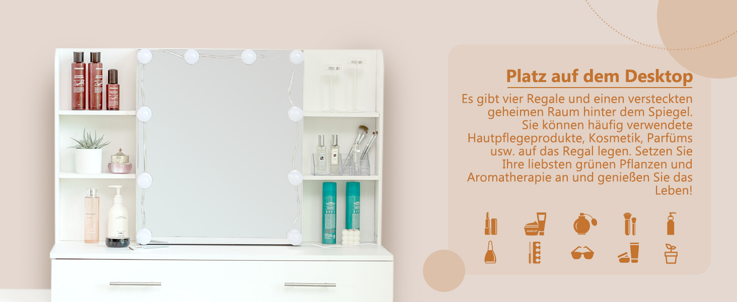 Дзеркальний туалетний столик Thanaddo з підсвічуванням та пуфом, 100×40×136 см. 6 шухляд, відкриті полиці, сучасний дизайн для спальні (білий)