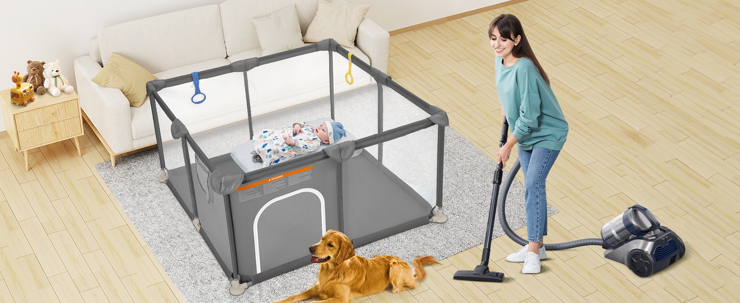 Дитячий манеж Dripex 124x124 см, сірий, з дихаючим мережем, Oxford 210D, для гри та безпеки
