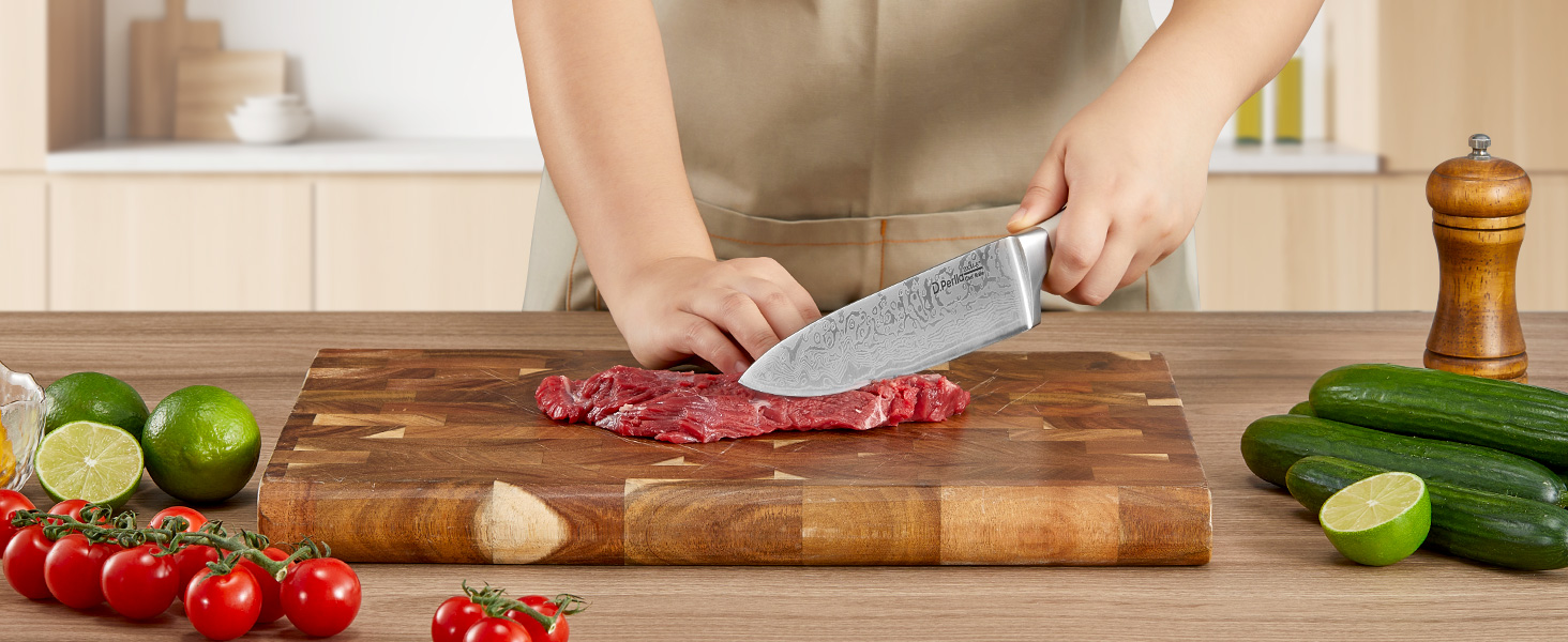 Набір ножів D.Perlla 7 предметів з точилкою, професійний кухонний набір з нержавіючої сталі з пластиковою ручкою та дерев'яним блоком, білий