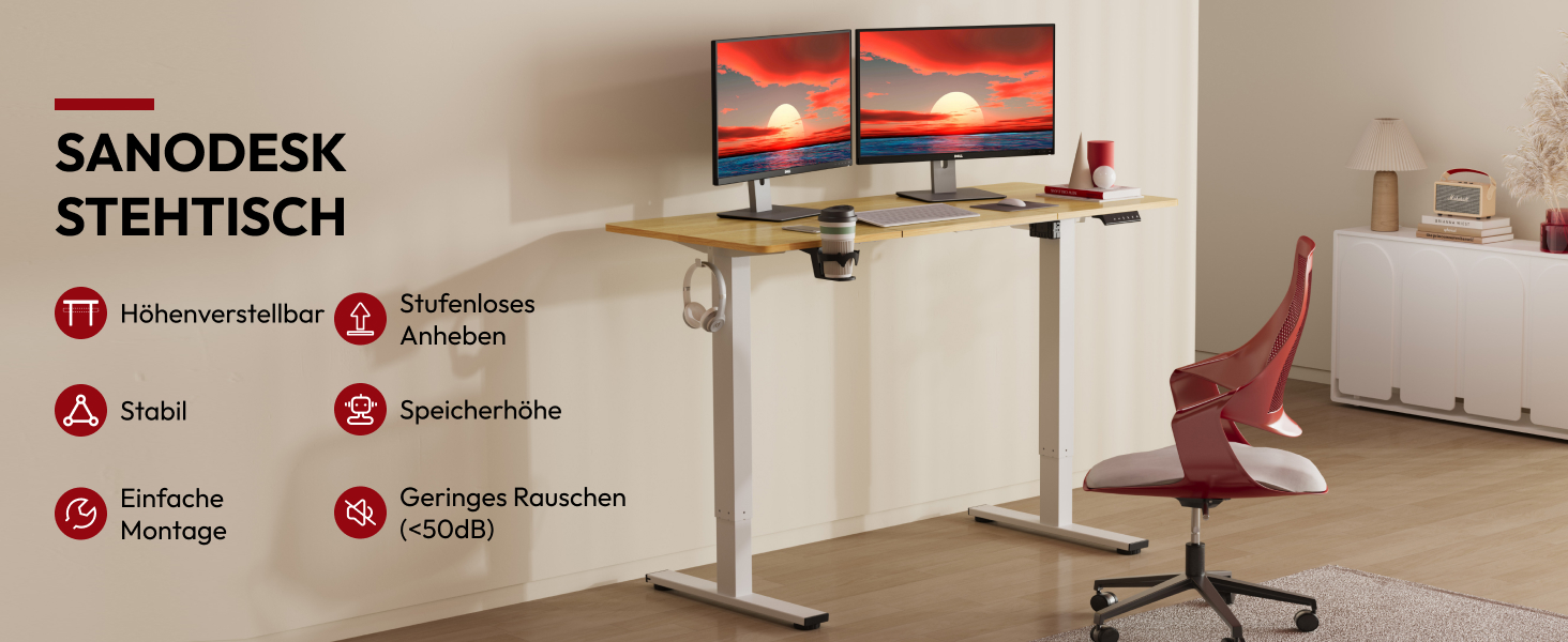 Регульований стіл Sanodesk 110x60 см з суцільною стільницею – компактний стоячий стіл для маленьких приміщень, ергономічний та стильний, білий