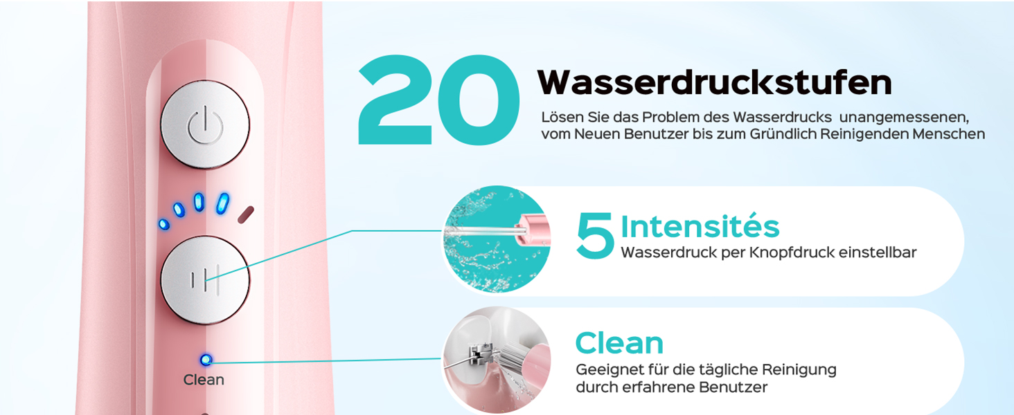 COSLUS Електрична душова насадка бездротова: 20 бар, IPX7, водонепроникна, 4 режими для гігієни порожнини рота, 5 інтенсивностей (Рожева)