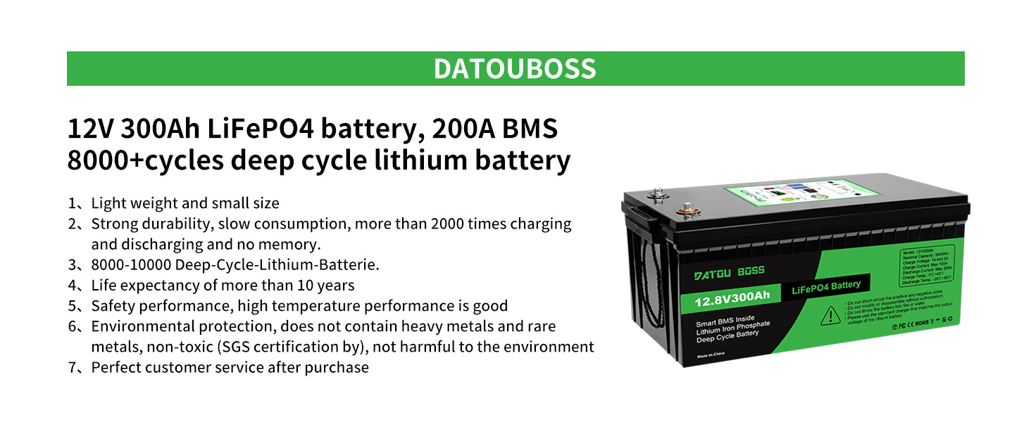 Акумулятор DATOUBOSS 12V 300Ah LiFePO4, 200A BMS, 8000 циклів, 3840 Вт, для сонячної батареї, автофургону, автономного живлення