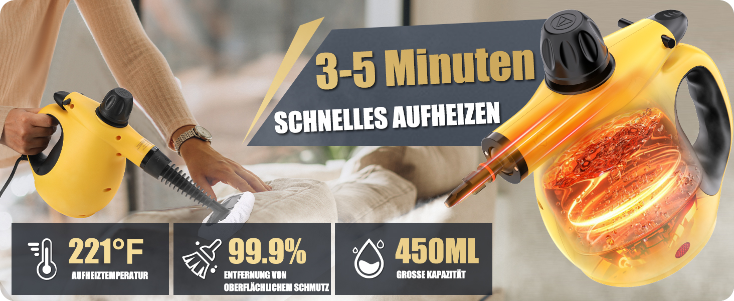 Портативний пароочисник 450 мл з 10 насадками та блокуванням безпеки. Швидкий нагрів. Універсальний пароочисник для дому, авто, кухні та підлоги.