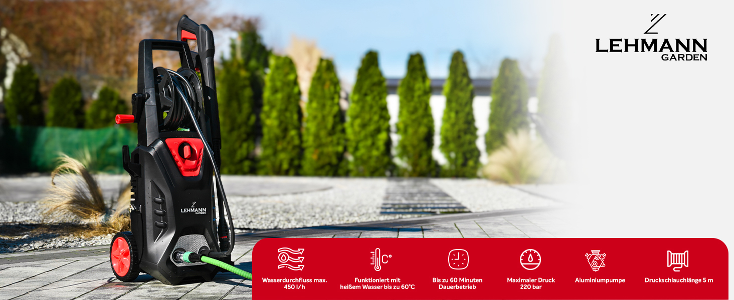 Високотискний мийник LEHMANN Hudson з алюмінієвим насосом, 1800 Вт, макс. 220 бар, продуктивність 450 л/год, комплектація: щітка для тераси, піногенератор, щітка для дисків, ідеальний для миття автомобілів