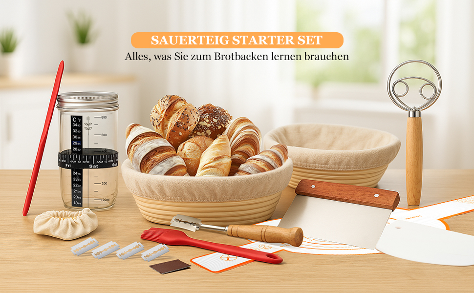 Набір для приготування закваски та випікання хліба 10 предметів: 2 кошики для бродіння (23см круглі, 25см овальні), 730мл банку для закваски, повний набір аксесуарів для випікання закваски для початківців