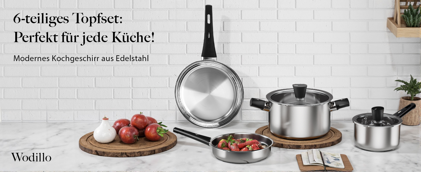 Набір каструль 6 шт. з нержавіючої сталі для індукційних плит, Cookware Set, нержавіюча сталь, без антипригарного покриття, сумісний з усіма типами плит, з кришкою та захистом від опіків, для посудомийної машини