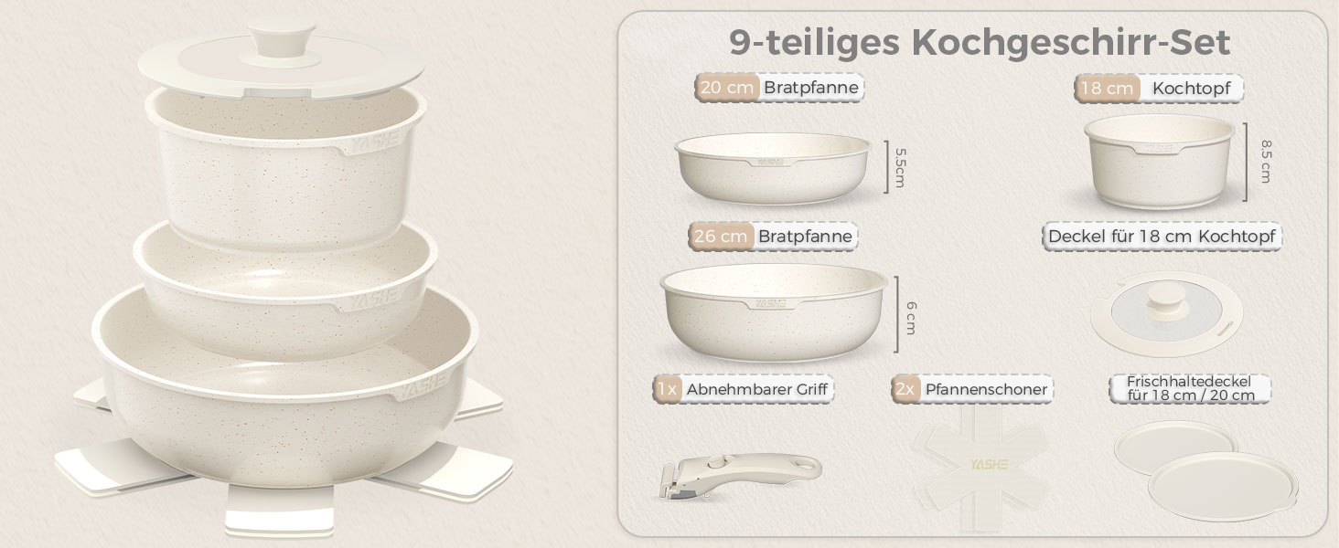 Набір посуду YASHE 9 предметів: каструлі та сковорідки з антипригарним покриттям, білий, для всіх плит, знімний ручка, сумісний з духовкою, компактний, сталевий