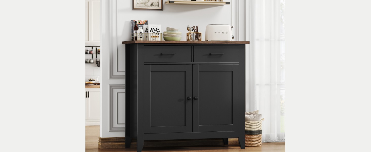 Кухонна шафа HOCSOK з робочою поверхнею, буфет з 2 шухлядами та 2 дверцятами, для кухні, вітальні, їдальні, передпокою, дерево, стиль кантрі, білий (чорний)