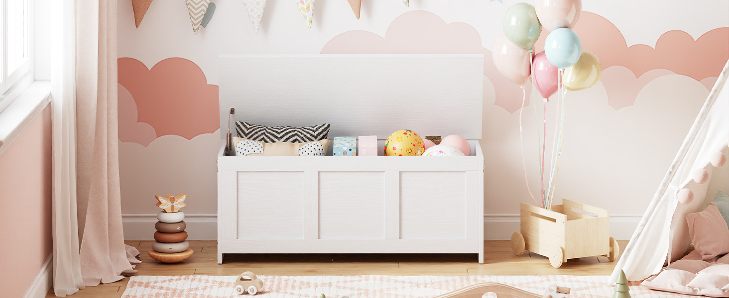 HOOBRO Лавка з ящиком для іграшок, 100 см, білий та натуральний колір дерева, з безпечним шарніром, для дому