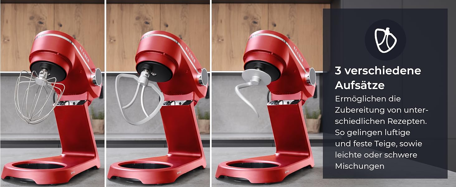 Кухонна машина KRAMER 1800W з чашею з нержавіючої сталі 6 л, 10 швидкостей з таймером, планетарний міксер, гак для тіста, вінчик, міксер, кришка (червона), преміум-якість