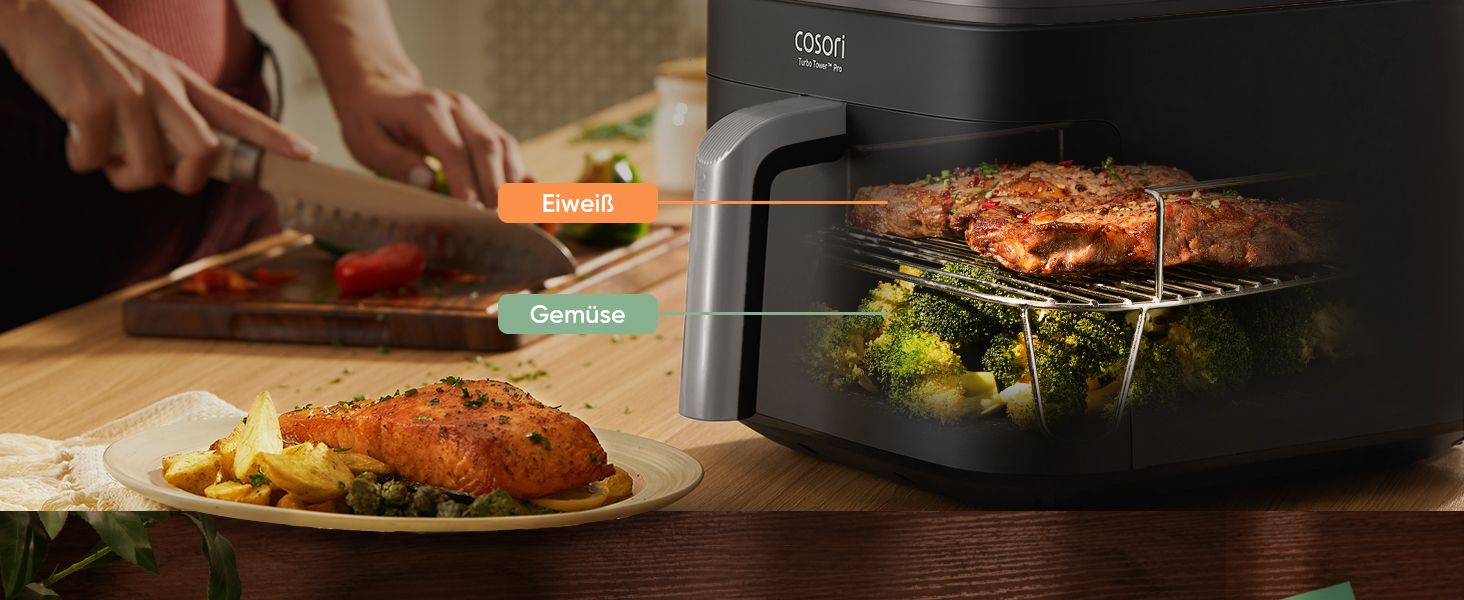 Фритюрниця без олії COSORI Turbo Tower Pro з керамічним покриттям, 2 камери, 10.8 л, DualBlaze, автоматичне регулювання повітряного потоку