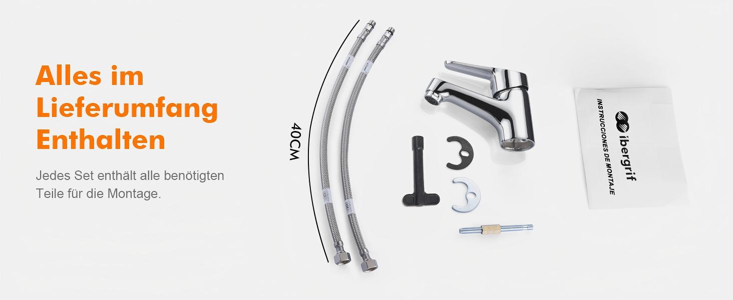 Змішувач для умивальника Ibergrif M11050 з одним важелем, високий (60 мм), хром, без підйомника, керамічна картридж, без крапель, водозберігаючий, 3/8″ з'єднання